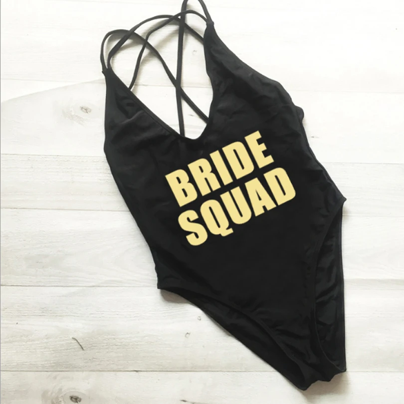 

Sexy Letter BRIDE SQUAD One Piece Swimsuit Swimwear Women Beach Wear Bathing Suits Bodysuit High Cut Red Black Wedding Party
