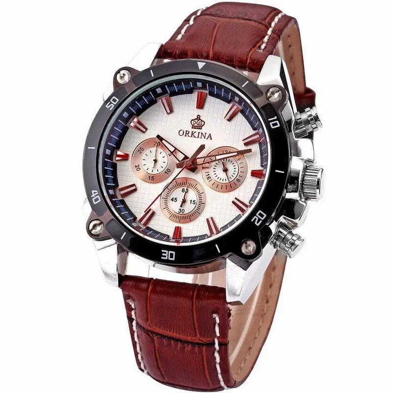 Orkina Mens White Dial 6 Hands Coffee Strap Sport Quartz Wrist Watch Valentine s Day Gifts