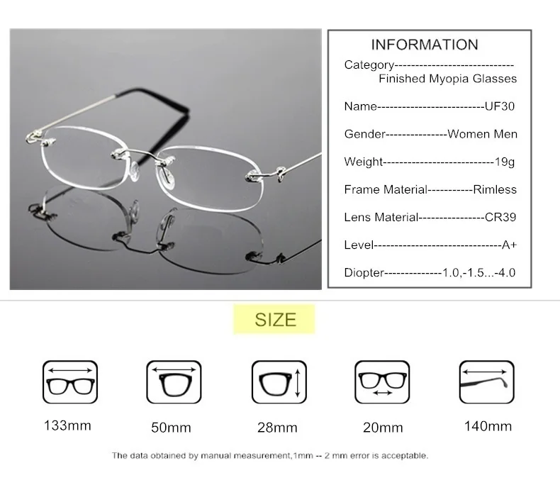 SUMONDY Diopter-1,0 до-4,0 очки без оправы для близорукости женские мужские брендовые модные дизайнерские очки для близоруких UF30