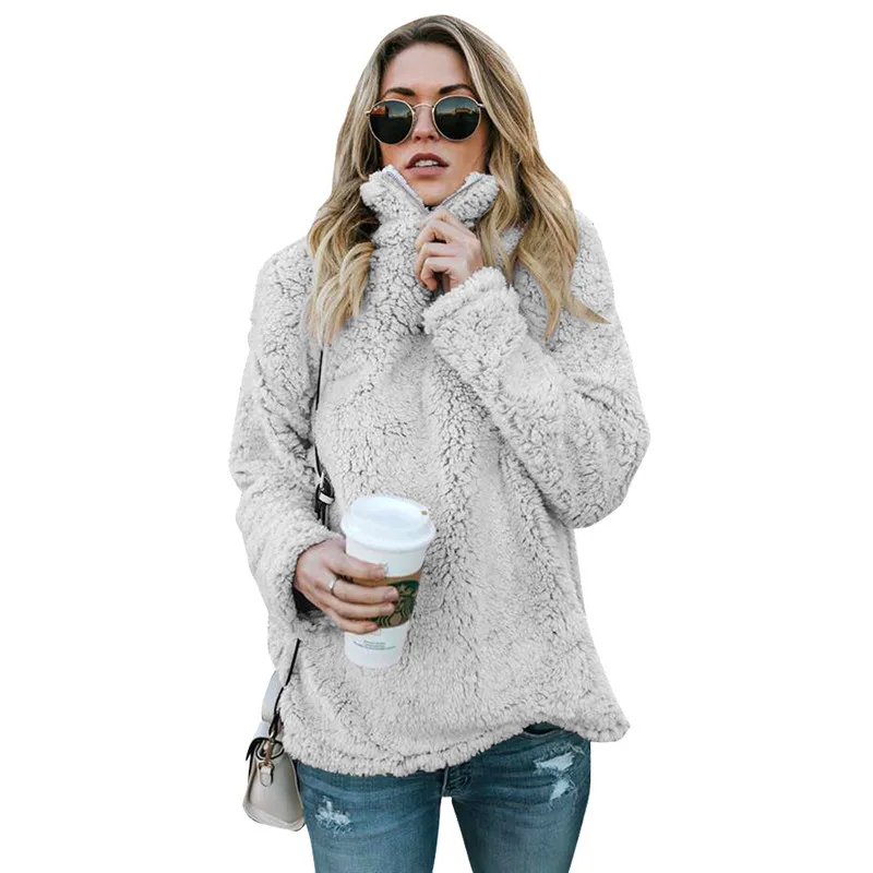 2018 Winter Sweaters Sherpa Pullovers Fleece Fluffy Hooded Sweater Zipper Collar Loose Pullover Women Casual Clothing