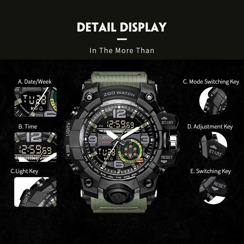 ZGO Лидирующий бренд Dual Time Спортивные часы для мужчин светодио дный светодиодный