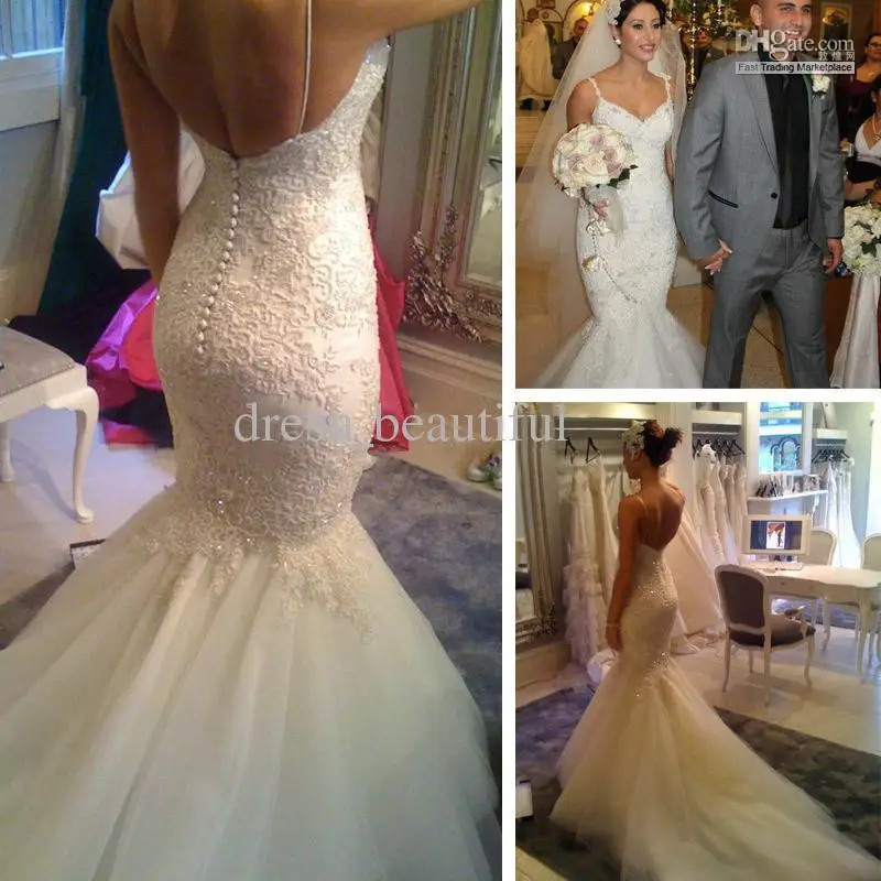 

Sexy Mermaid Lace Tulle Wedding Dress Spaghetti Straps Tulle and Lace Appliques Chapel Train Bridal Gowns Real Photo Custom made