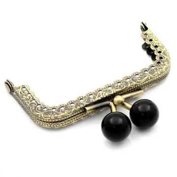 

2Pcs Bronze Tone Purse Bag Metal Rectangle Frame Kiss Clasps Ruffled Locks Handbag Handle Black Ball 78x60mm