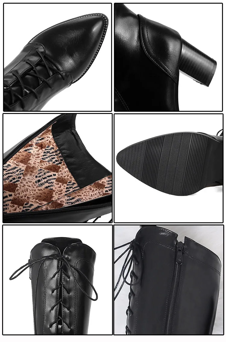 Phoentin/женские зимние сапоги до колена из искусственной кожи; женские сапоги на шнуровке с боковой молнией и открытым носком; женская обувь на высоком каблуке 6,5 см; цвет коричневый, черный; FT163