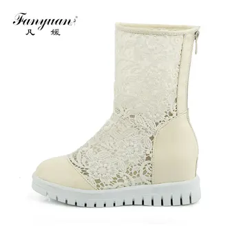 

Fanyuan Women's Summer Boots Fretwork Lace Mesh Increased shoes Ladies Round Toe Zipper Mid-Calf Boots Plus Size 33-43 Black