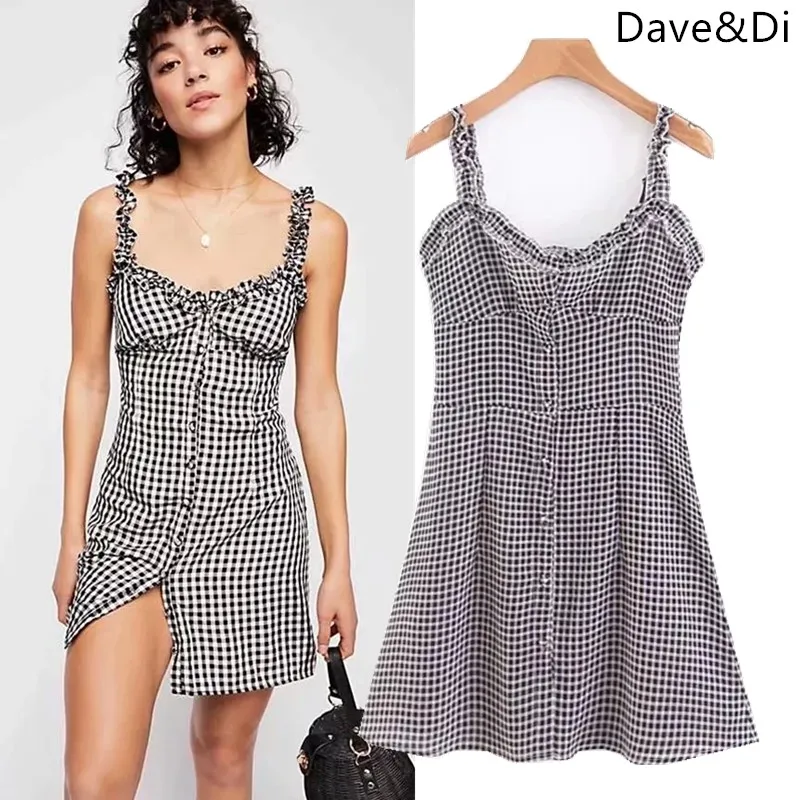 Dave &amp Di 2019 vestidos feminina платье Англия Стиль Полосатый рукавов Кнопка Спагетти ремень