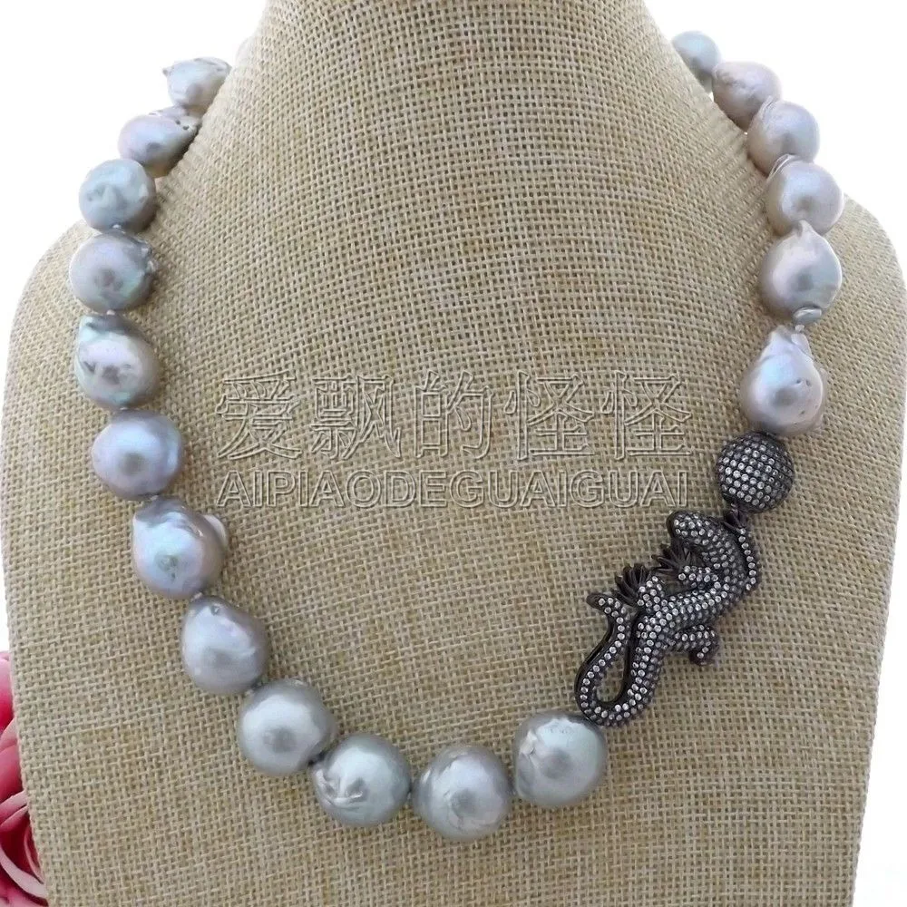 

Women's 14x16MM Grey Keshi Pearl Necklace Lizard CZ Pave Pendant