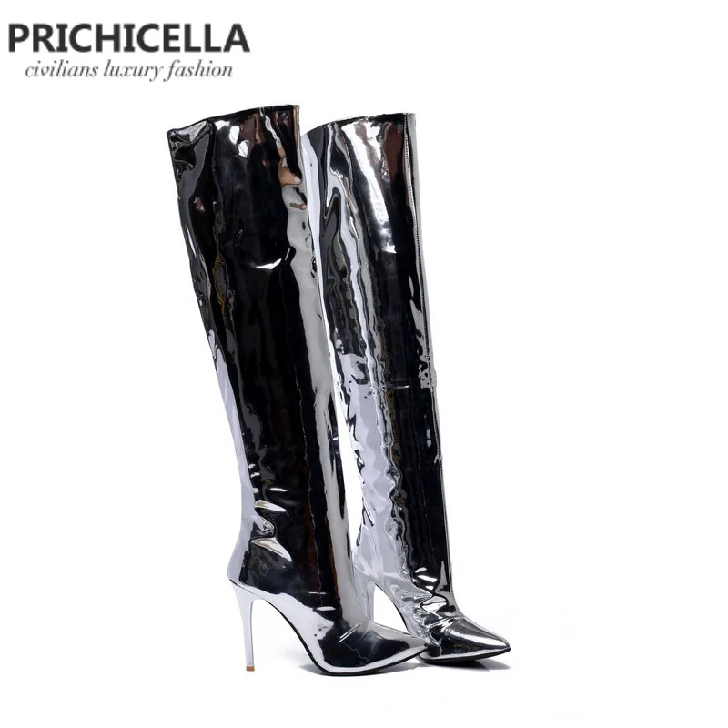 Cena PRICHICELLA stylowa dziewczyna srebrne lustro skórzane szpiczasty nosek szpilki na buty do kolan błyszczące seksowne wysokie botki