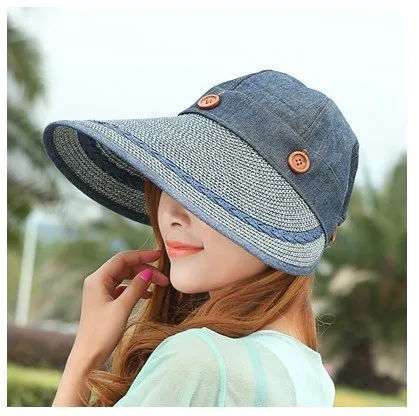 Sun Hat Ladies Wide Brim Straw Women Wide Large Brim Floppy Summer Beach A Sun Hat Straw Hat Button Cap Summer Hats For Women - Цвет: Blue