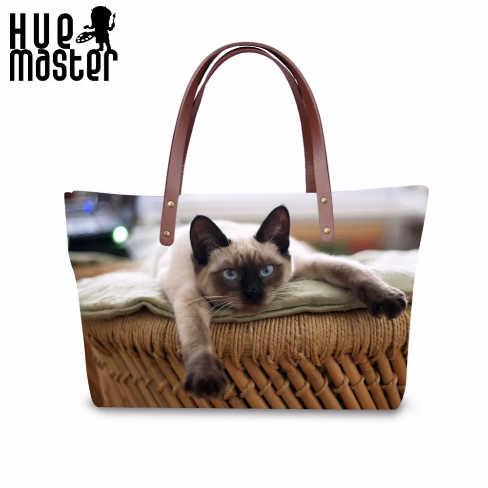 

HUE MASTER Handbag Cat Chief Design Women Tote Bag Animal Printing Shoulder Solid Bag With Pocket Bolsa Praia sac a main femme