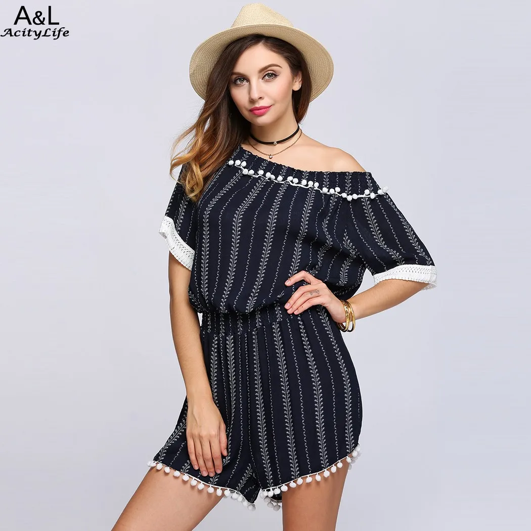 FANALA Striped Rompers 2017 Women Jumpsuit Half Sleeve Off Shoulder