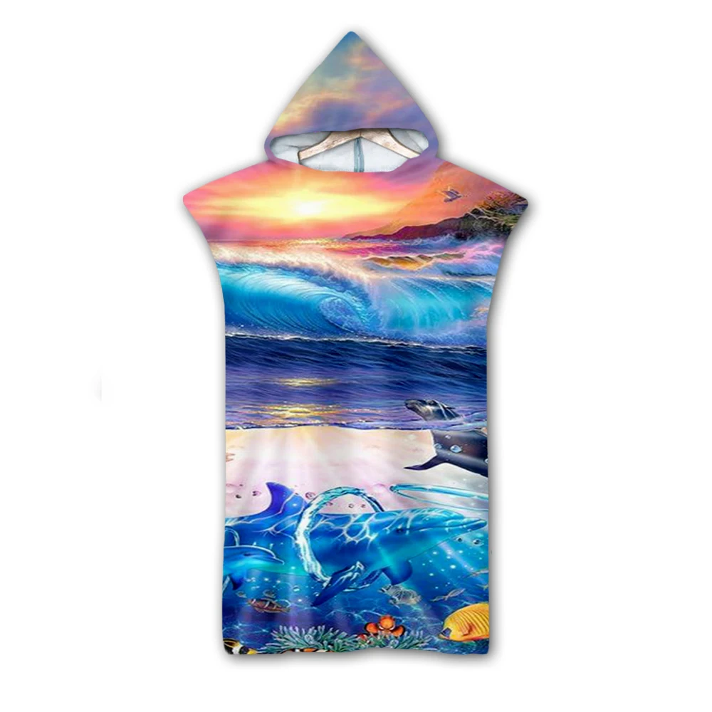 

3D Digital Printing Cute dolphin colorful Hooded Towel Wearable Bath Towel For Adults Travel Microfiber Beach Towels Style-6