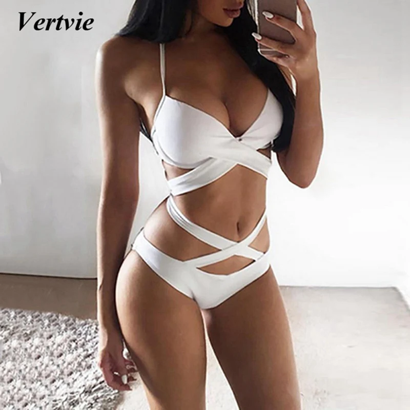 Vertvie, сексуальный женский бикини с высокой талией, набор,, Одноцветный, с перекрестной повязкой, через шею, купальник, купальник, Maillot De Bain, бразильское бикини