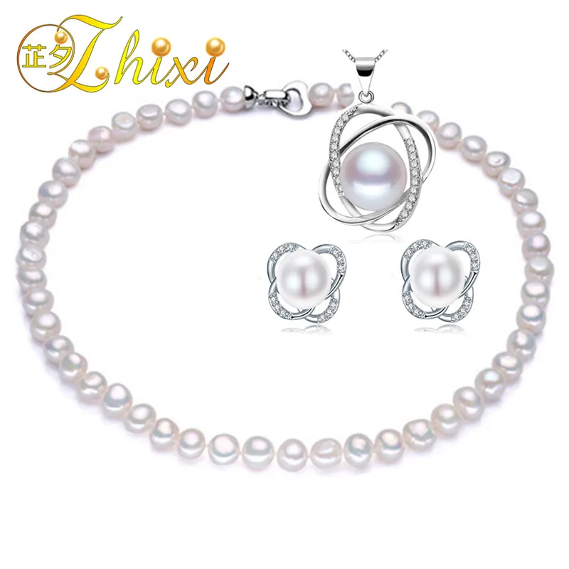 

ZHIXI Wedding Pearl Jewelry Set 9-10mm Natural Freshwater Baroque Pearl Necklace Pendant Earrings Fine Jewelry Trendy Gift T246