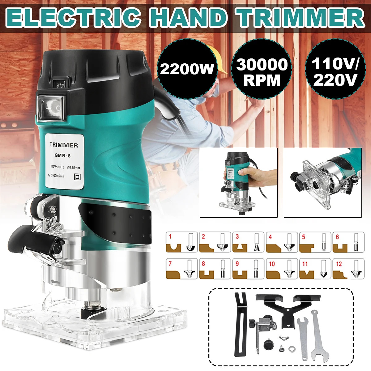 

2200W 30000r/min Electric Hand Trimmer Woodworking 6.35mm 1/4'' Wood Laminate Palms Router Joiners Carving Machine Power Tools