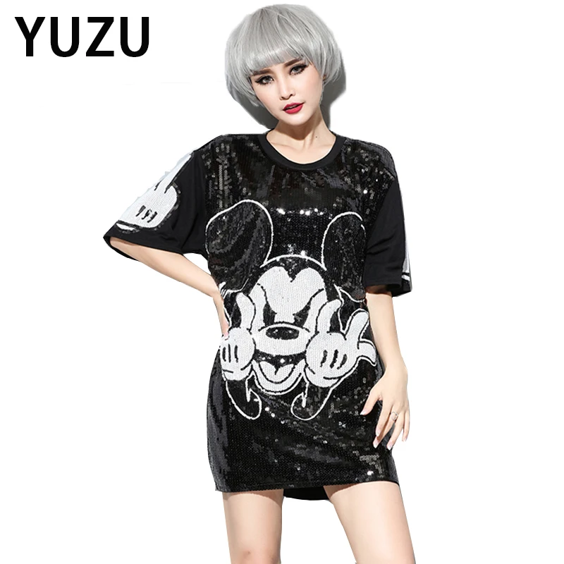 Buy Cheap Hippie Mickey Mouse Sequin Dress Casual O-Neck Half Sleeve Loose Black Cartoon Print Dress Female New Look Graffiti Dress