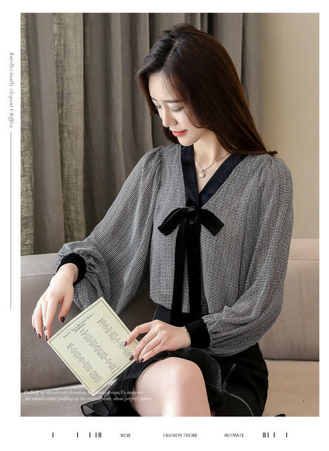 Black Plaid Shirts Women Autumn Bow V-Neck Blouses Womens Tops Elegant Long Sleeve Chiffon Blouse Autumn Tops Blusas Mujer 2019 (1)