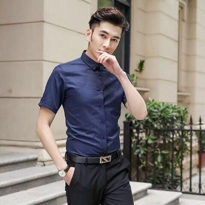 

Summer Black and White Shirt Male Short Sleeve Slimming Free Shirt Youth Business Casual Pure Color Inch Clothes