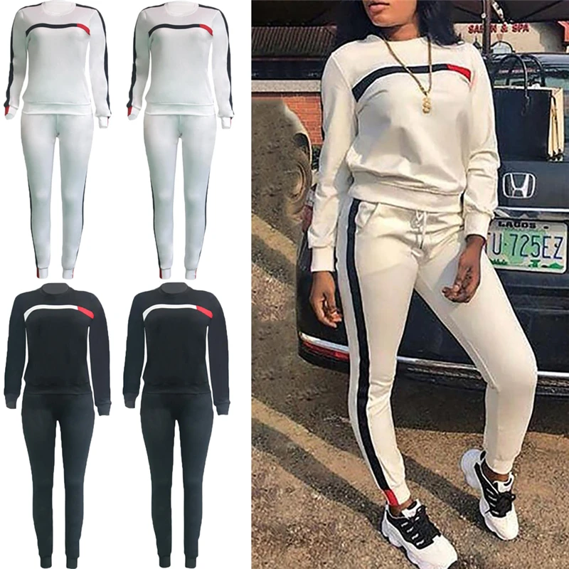 

2018 New Tracksuit Women 2 Pieces Set Outwear Sweatsuit Pullover Striped Causal Long Sleeve Sweatshirt + Long Pants Women's Sets