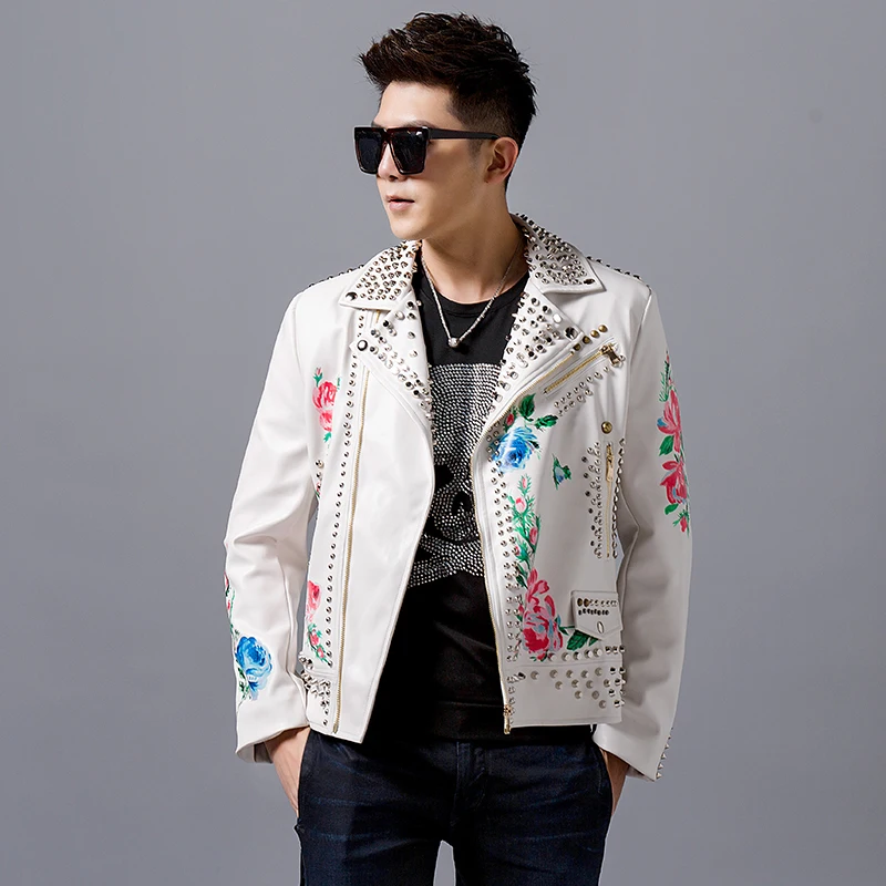 

2019 Trend motorcycle rivet leather jacket men women with the same pattern before and after the pattern singers dj stage costume