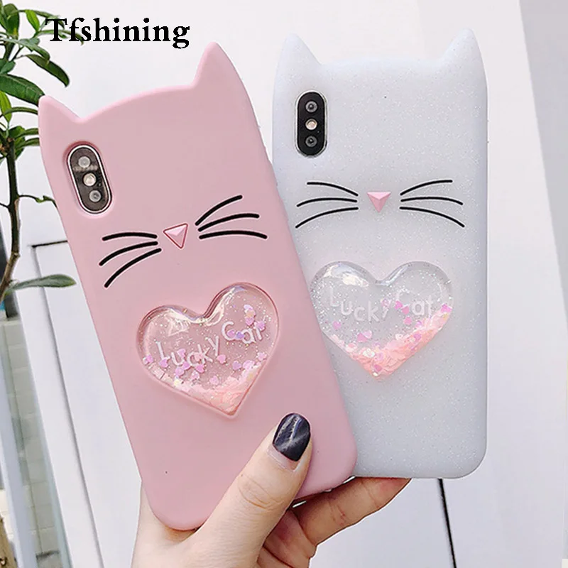 Tfshining Cute Liquid heart quicksand Cases Cover For Iphone XR XS Max 7 8 6 6s Plus X 3D Cartoon Beard Lucky Cat Silicone Case |
