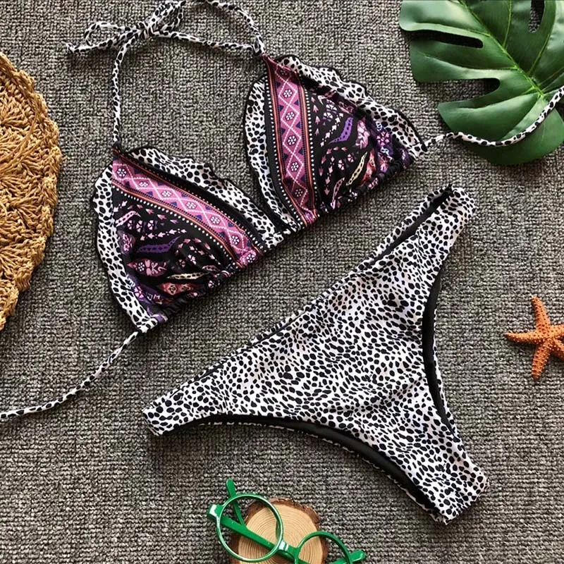 

Leopard Print Women Bikinis Two Piece Lingerie Set Push Up Triangle Swimwear Sexy Floral Print Female Summer Bra Sets A4 10118