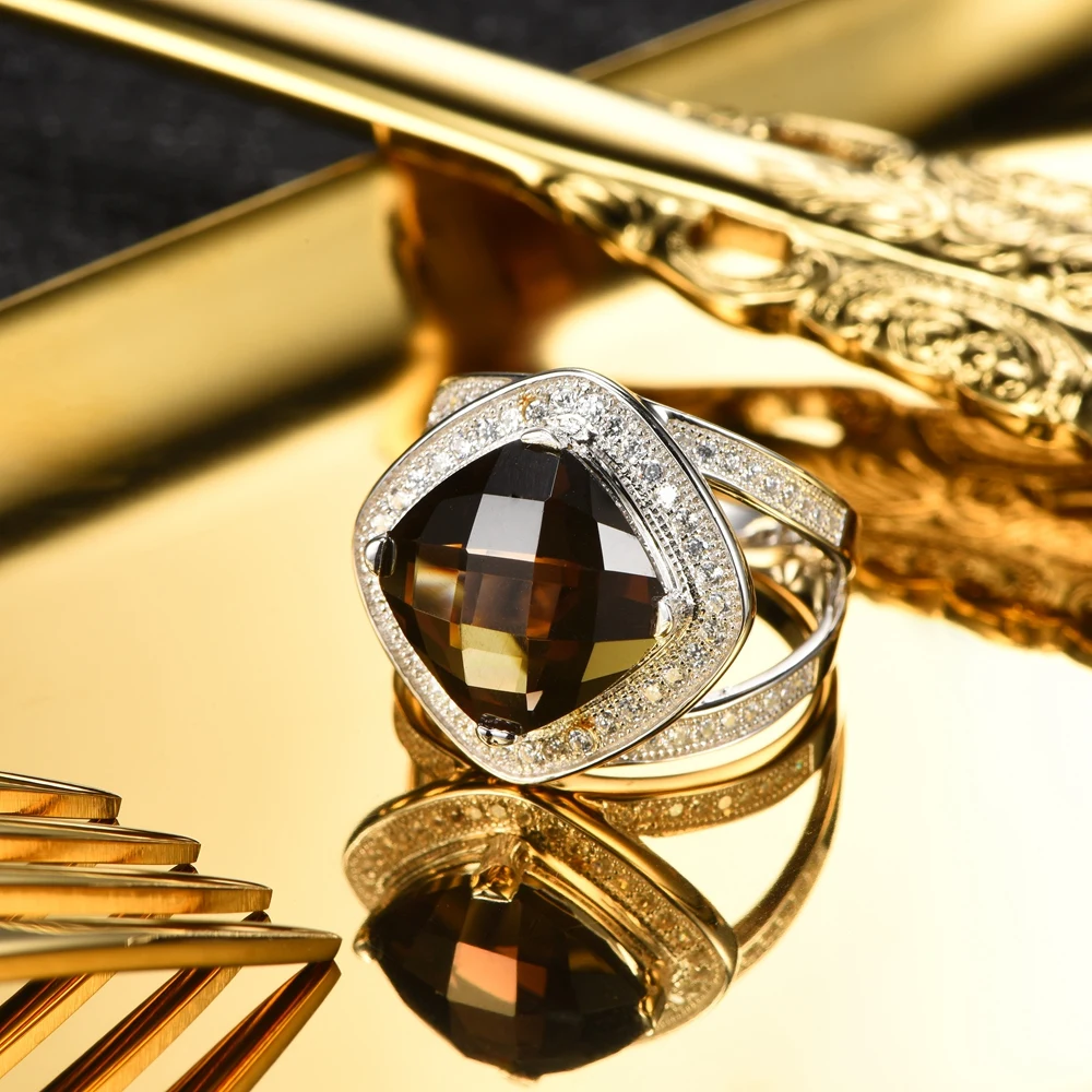 

I&zuan 7.4ct Natural Smoky Quartz Checkerboard Cut Rings 925 Sterling Silver Jewelry Luxury Ring For Women Fine Brown Stone