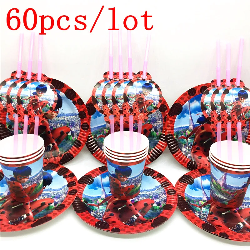 60Pcs\Lot Miraculous Ladybug Cartoon Theme Party Plates Cup Tablecloth