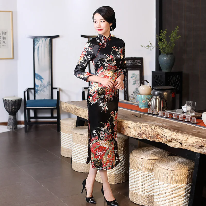 

Winter Vintage Cheongsam Modern Long Sleeve Traditional Chinese Style Clothing For Women Dress Qipao Black Qi Pao Plus Size 6XL