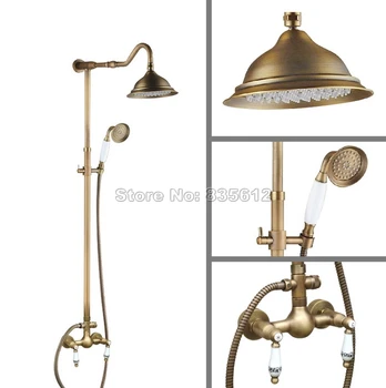 

Wall Mounted Classic Antique Brass Bathroom Rain Shower Faucet Set with Ceramic Handheld Shower + Dual Handle Mixer tap Wan506