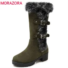 MORAZORA/ г., новые стильные ботинки до середины икры женские модные ботинки с пряжкой удобная обувь на платформе с круглым носком теплые зимние ботинки