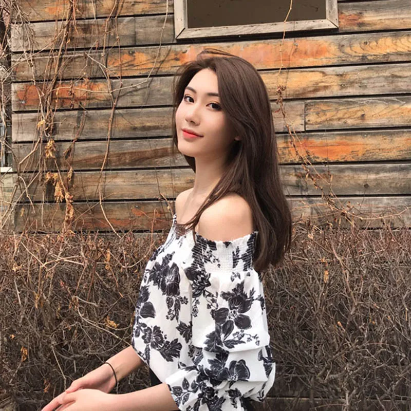 White Print Women Chiffon Blouse 2019 Slash Neck Tops Clothes Fashionable Sweet Style Clothing Slim Streetwear Casual Hot Sale
