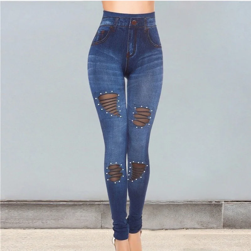 Сетчатые прозрачные перламутровые леггинсы женские модельные джинсовые цветные принтованные джинсовые леггинсы с высокой талией бесшовные леггинсы тянущиеся для похудения - Цвет: blue