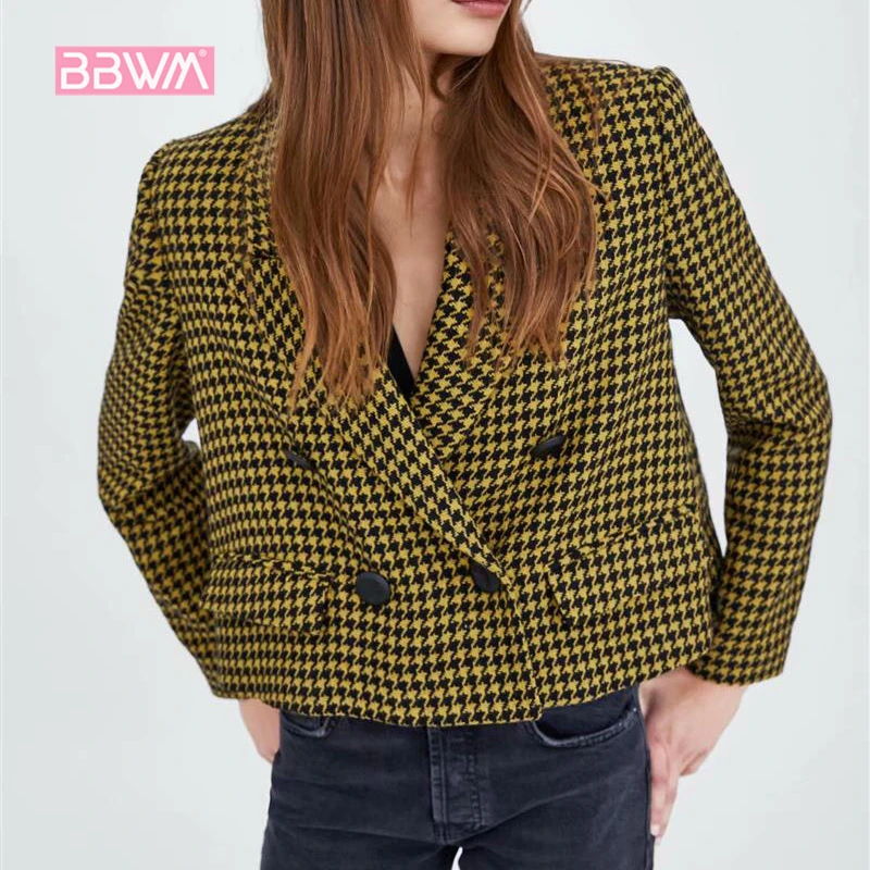 Шикарный Для женщин осень нагрудные Хаундстут короткие Повседневное костюм Для женщин куртка Мода Профессиональный пальто