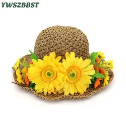 Летние для женщин Защита от солнца шапки Новинка весны леди широкий большой полями Складная соломенная шляпа с цветами солнцезащитный