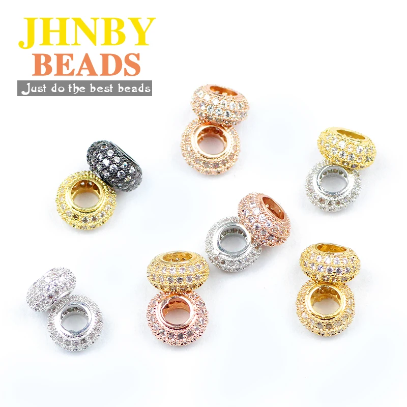 

JHNBY 2pcs Copper Coin Spacer beads 8mm flat Round White zircon Pave CZ Charms metal Loose beads for Jewelry bracelet making DIY