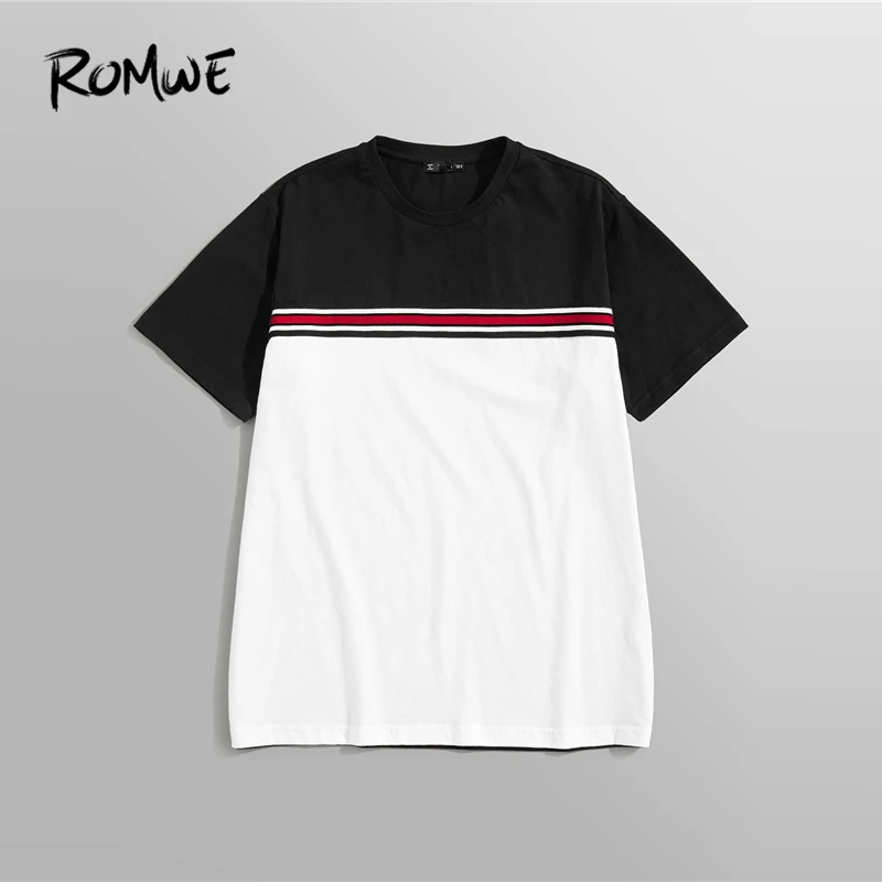 

ROMWE Men Color Block Striped Tee 2019 Black White Streetwear Round Neck T Shirts Fashion Male Summer Short Sleeve T-shirt