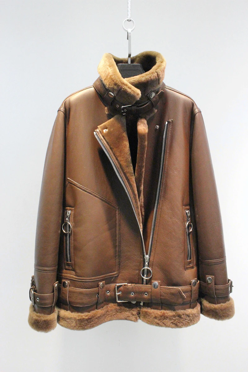 Женская модная Роскошная овечья шерсть овечий мех овчина свободный дизайн куртка для байкеров пальто