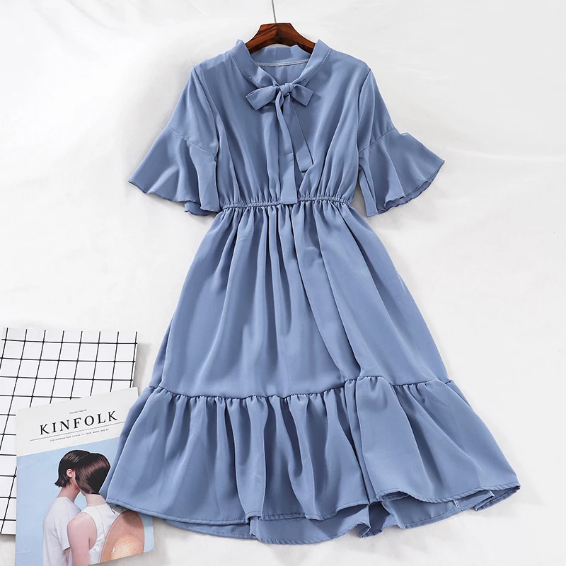 

Women Spring Pleated Lace Up Bandage Bow Dress Elegant Elastic Slim High Waist Ruffles Mesh Gauze Voile Flare Sleeve Cake Dress