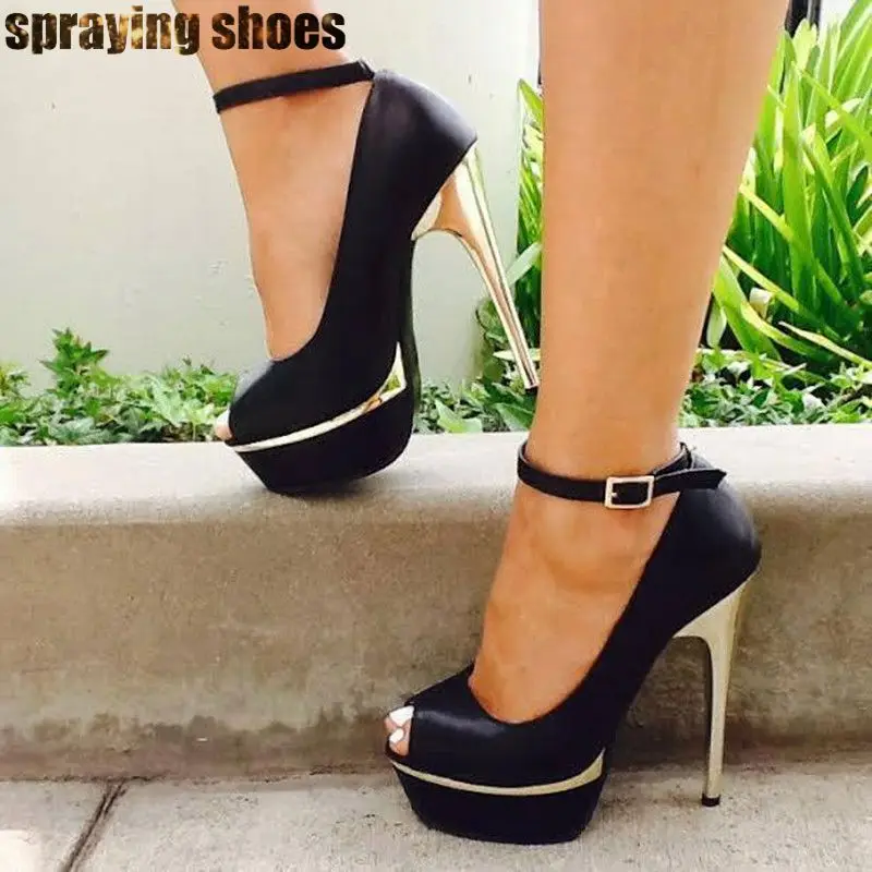 

2019 Black Satin High Platform Ladies Stiletto Pumps Sexy Peep Toe Ankle Strap Women High Heels Summer Sandals Shoes Big Size 11