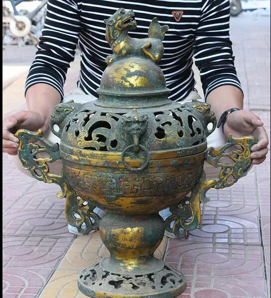 

24" Ancient Chinese Bronze-Gilt Phoenix Foo Dog Lion Statue Incense Burner Censer 06.08
