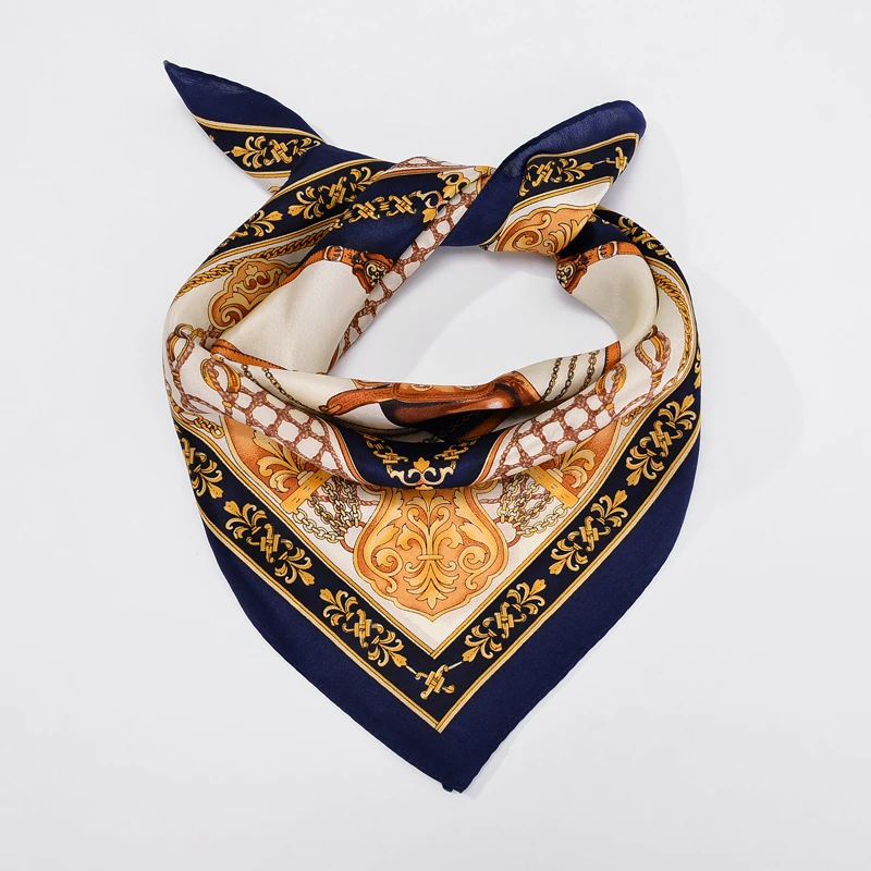 

Navy Blue Kerchief 100% Silk Scarf Women Horse Printed Bandana Foulard Fashion Square Scarves Head Scarf Neckerchief 53*53cm NEW