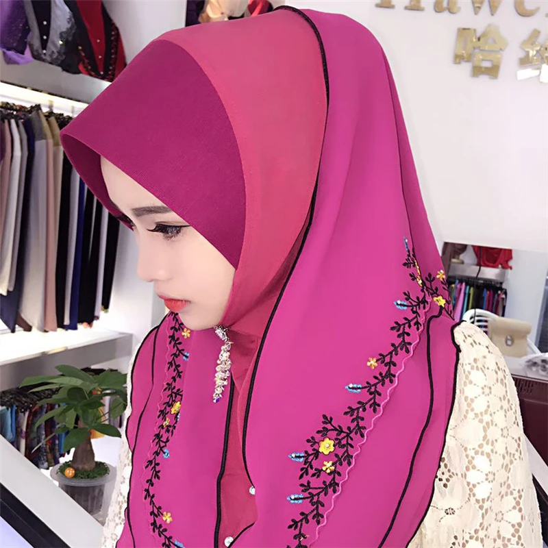 Fblusclurs мусульманский хиджаб шифон Вышивка Малайзия мгновенный удобный Муслима шаль головной убор шарф голову
