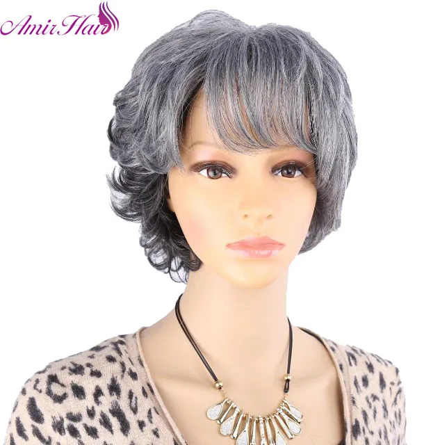 Mix Dark Gray Wigs For Older Women Puffy Synthetic Natural Looking