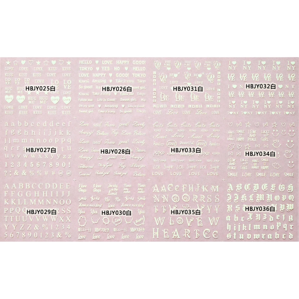 

12 PCS / LOT SELF-ADHESIVE 3D NAIL TATTOOS STICKER WHITE BLACK GOLD SILVER COLOR ALPHABET LETTER LOVE POEM HBJY025-036