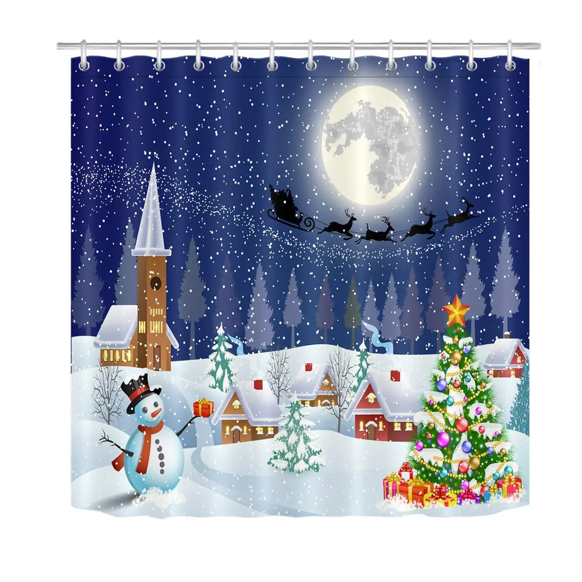 Christmas Tree Shower Curtain Set Santa Claus Deer Sleigh Snowman Farm Town Winter Bathroom Waterproof Polyester | Дом и сад