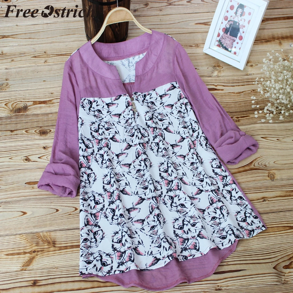 

FREE OSTRICH Women Shirts Small cute cat pattern loose and beautiful Linen Purple Fashion Top Popular 2019 Blouse Women Shirts