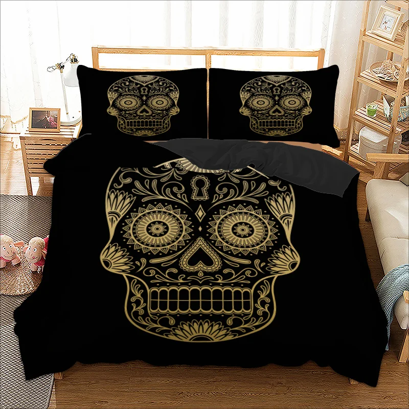 Wongs bedding Gold color skull duvet cover Bedding set black quilt