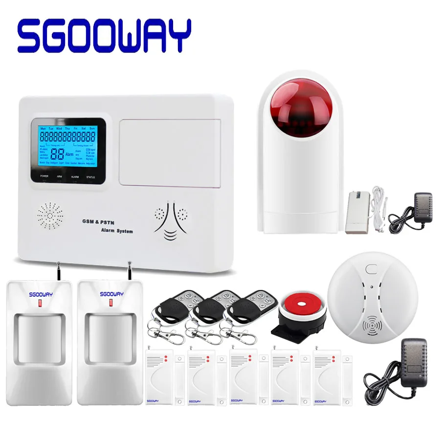 Sgooway LCD PSTN i GSM alarm sms system z bezprzewodową strefą przewodową więcej czujnik alarmu rosyjski angielski hiszpański głos bezpieczeństwo w domu Sgooway LCD PSTN i GSM alarm sms system z bezprzewodową strefą przewodową więcej czujnik alarmu rosyjski angielski hiszpański głos bezpieczeństwo w domu