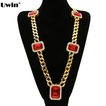 

Mens Gold Thick Miami Cuban Curb Link Red Square Stone Pendant Chain Necklace Bling Chain&Link 2016 New Arrival Necklace